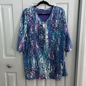 Liz&Me Womens Blue Artsy 3/4 Sleeve V-Neck Blouse Top 1x 18/20W Cotton